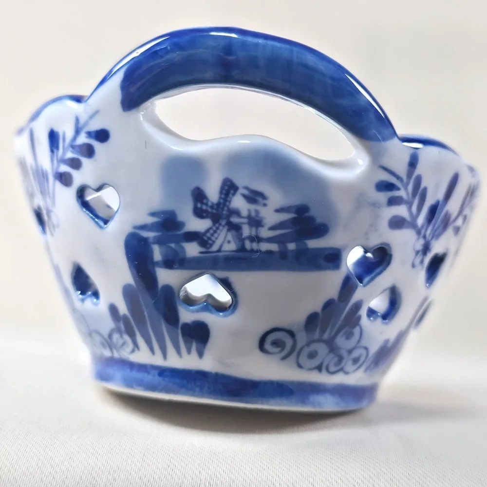 Vintage Delft Style Blue White Ceramic Basket Windmill Punched Hearts Hand Paint